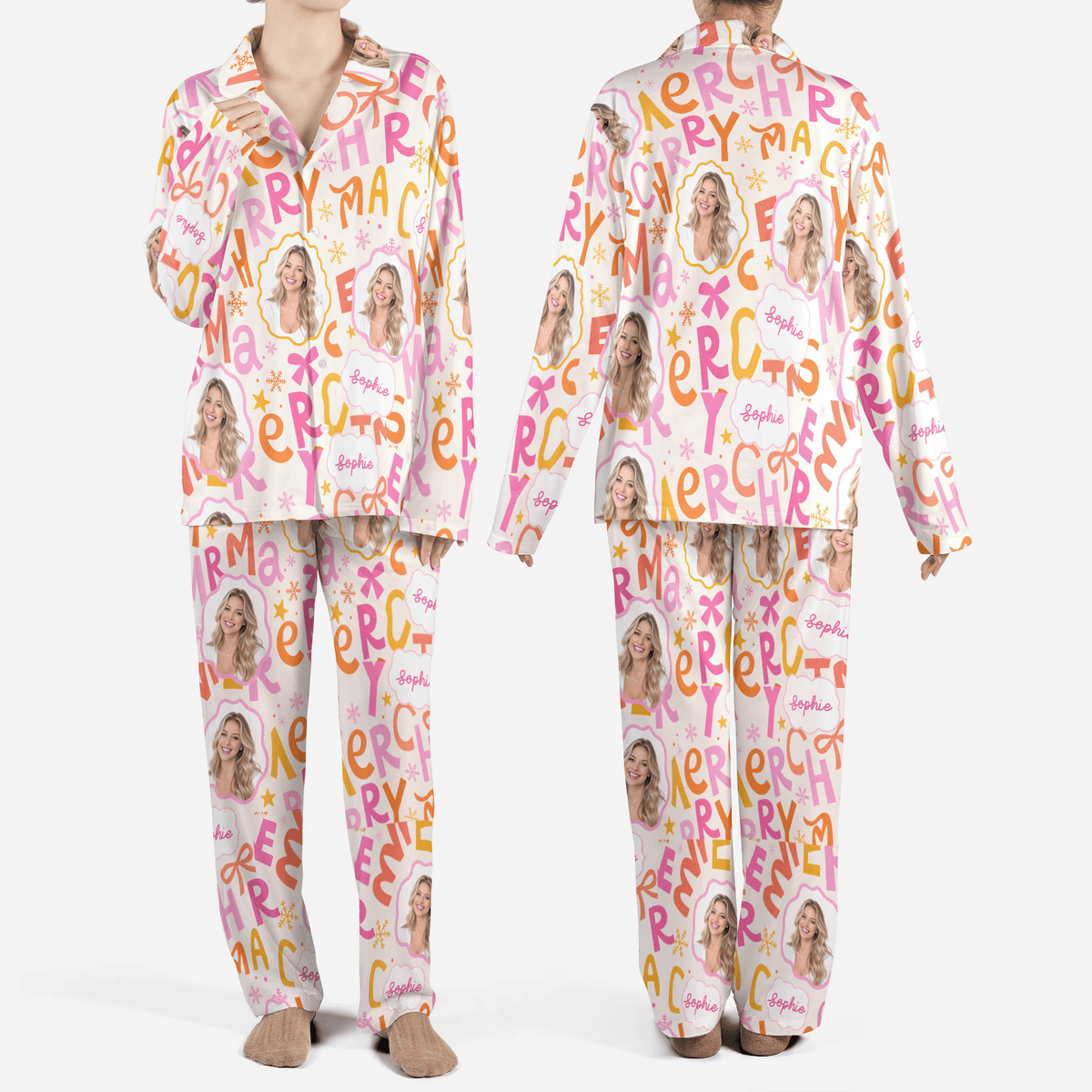 Custom face photo and name Merry lettering bow women Christmas pajamas set, front and back