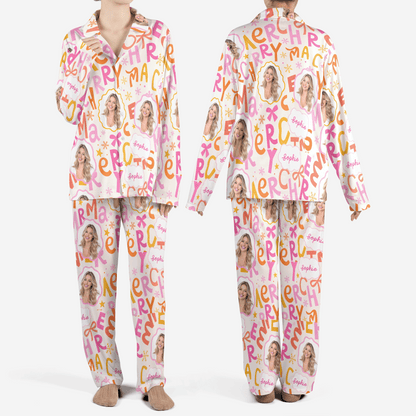 Custom face photo and name Merry lettering bow women Christmas pajamas set, front and back