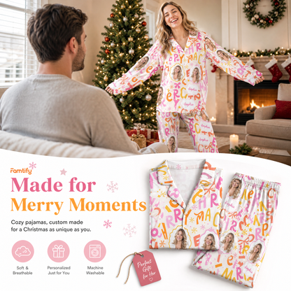 Custom face photo and name Merry lettering bow women pajamas view 3