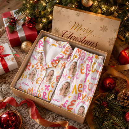 Custom face photo and name Merry lettering bow women pajamas view 4