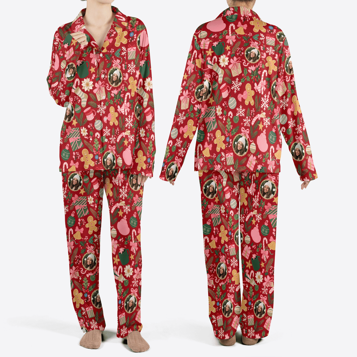 Custom face photo gingerbread heart ornament women Christmas pajamas set, front and back