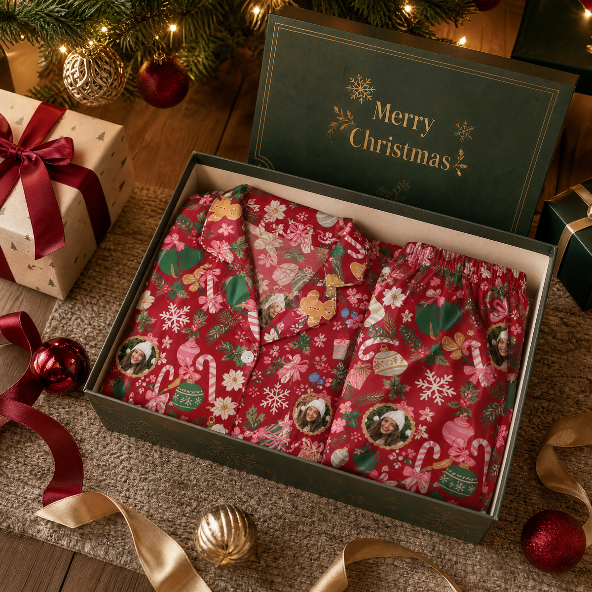 Custom face photo gingerbread heart ornament women pajamas view 4