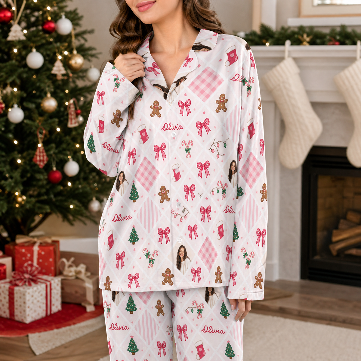Woman wearing custom face photo and name gingham bow gingerbread Christmas pajamas by the tree