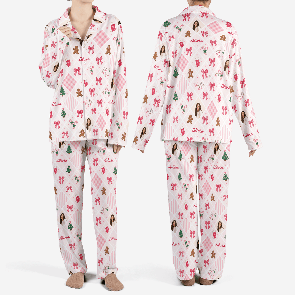 Custom face photo and name gingham bow gingerbread women Christmas pajamas set, front and back