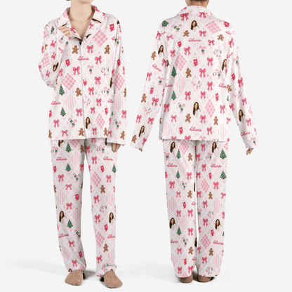 Custom face photo and name gingham bow gingerbread women Christmas pajamas set, front and back