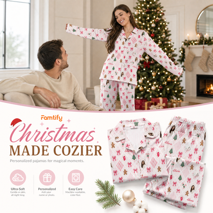 Custom face photo and name gingham bow gingerbread women pajamas view 3