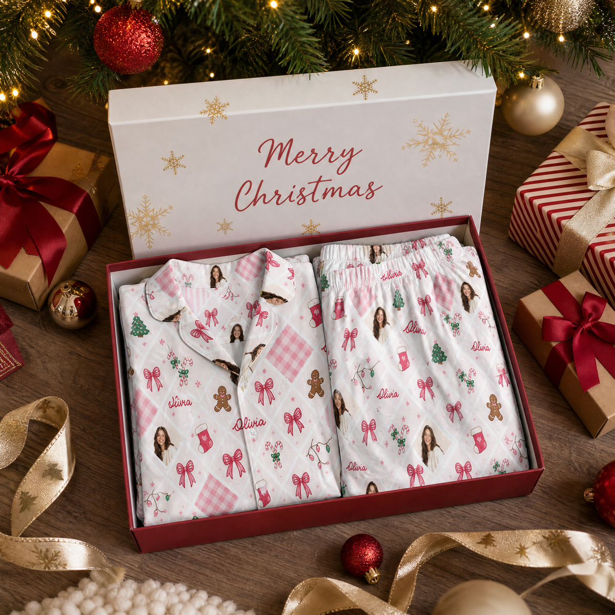 Custom face photo and name gingham bow gingerbread women pajamas view 4