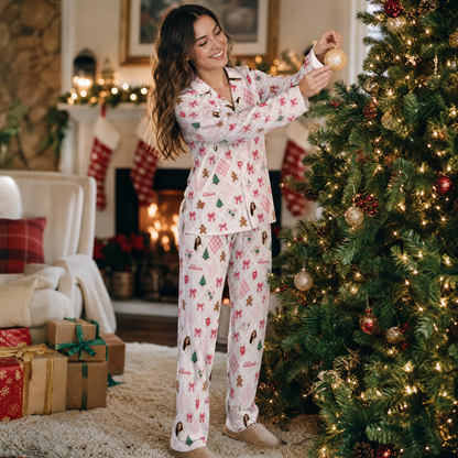 Custom face photo and name gingham bow gingerbread women pajamas view 5
