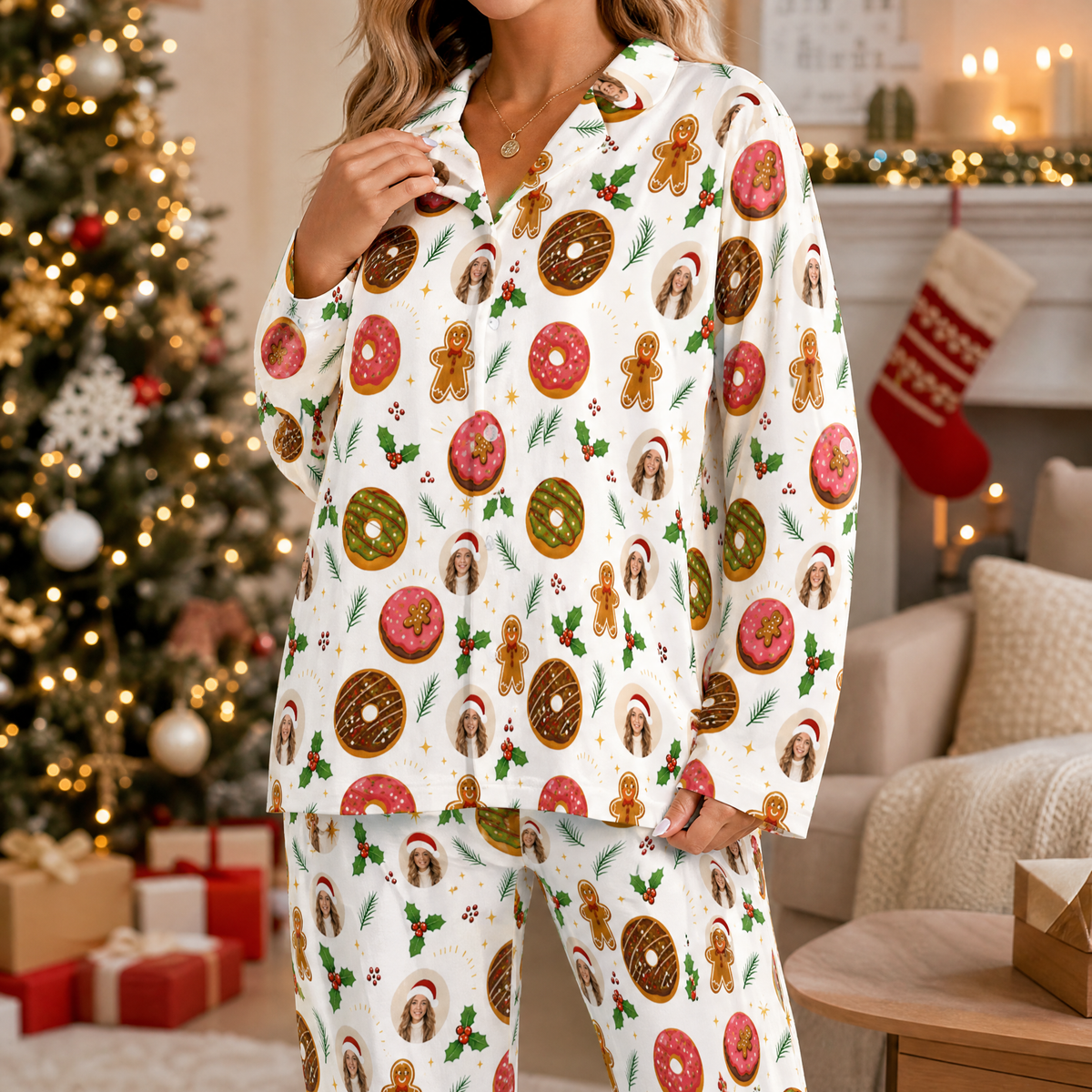 Woman wearing custom face photo frosted donut gingerbread Christmas pajamas by the tree