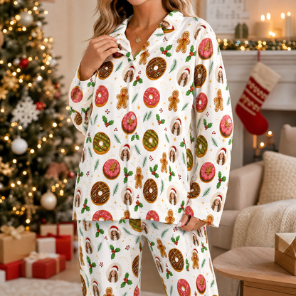 Woman wearing custom face photo frosted donut gingerbread Christmas pajamas by the tree