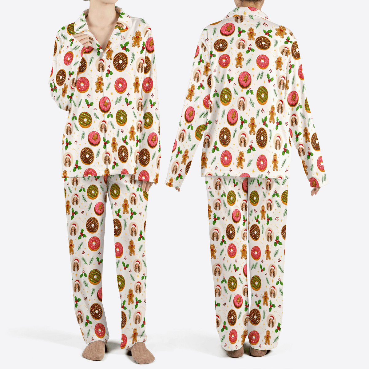 Custom face photo frosted donut gingerbread women Christmas pajamas set, front and back
