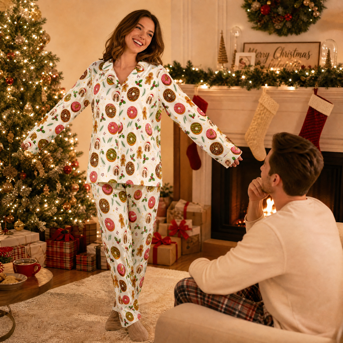 Custom face photo frosted donut gingerbread women pajamas view 6