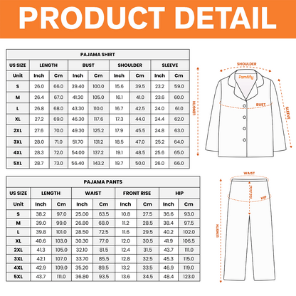 Women pajama set size chart from S to 5XL for shirt and pants
