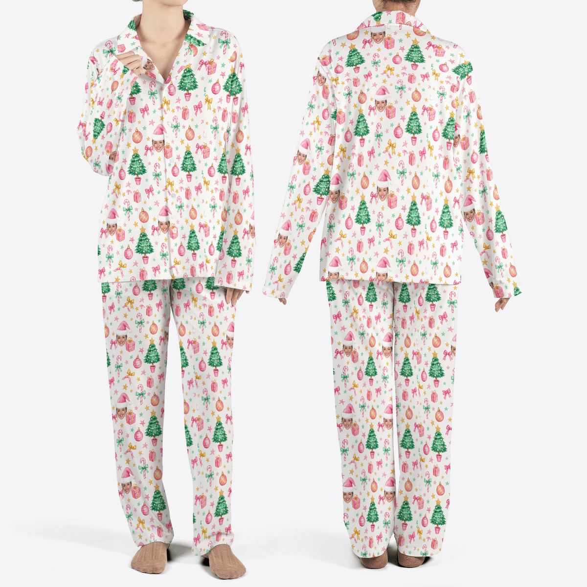 Custom face photo pastel tree bow ornament women Christmas pajamas set, front and back