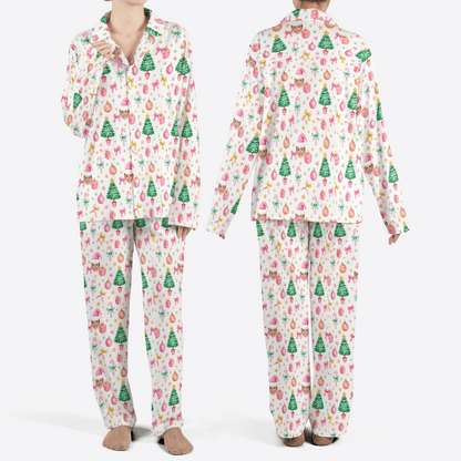 Custom face photo pastel tree bow ornament women Christmas pajamas set, front and back