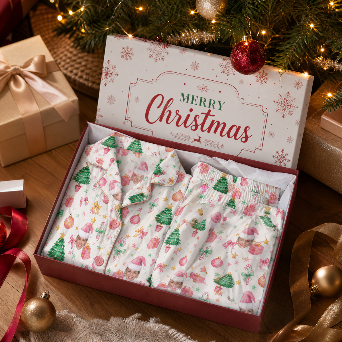 Custom face photo pastel tree bow ornament women pajamas view 4