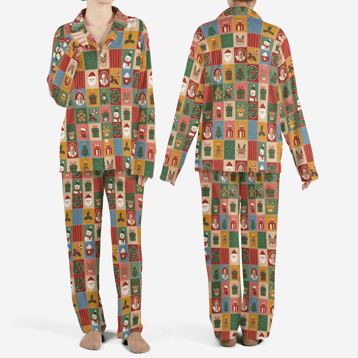 Custom face photo vintage quilt Santa snowman women Christmas pajamas set, front and back