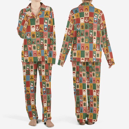 Custom face photo vintage quilt Santa snowman women Christmas pajamas set, front and back