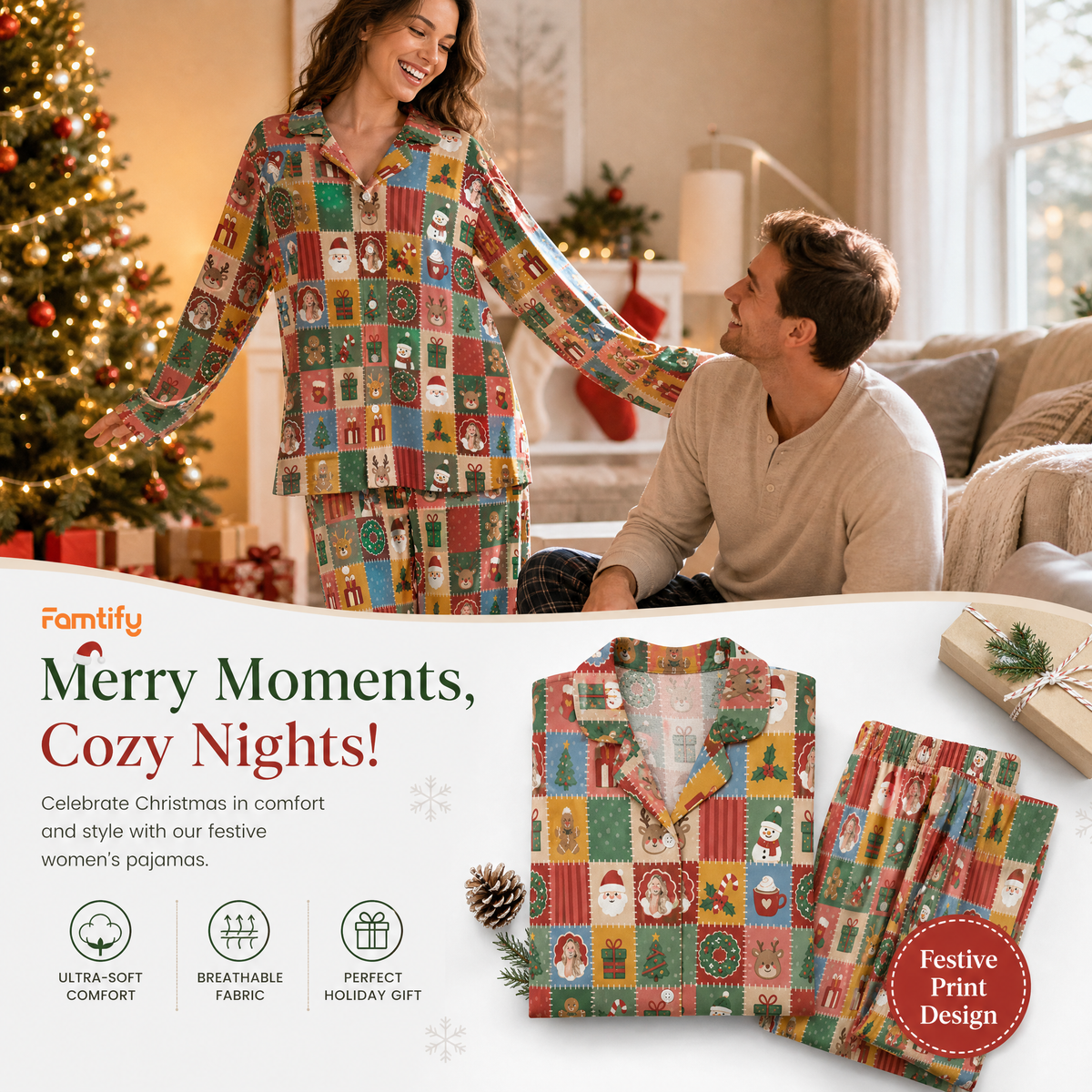 Custom face photo vintage quilt Santa snowman women pajamas view 3