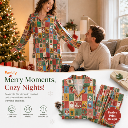 Custom face photo vintage quilt Santa snowman women pajamas view 3
