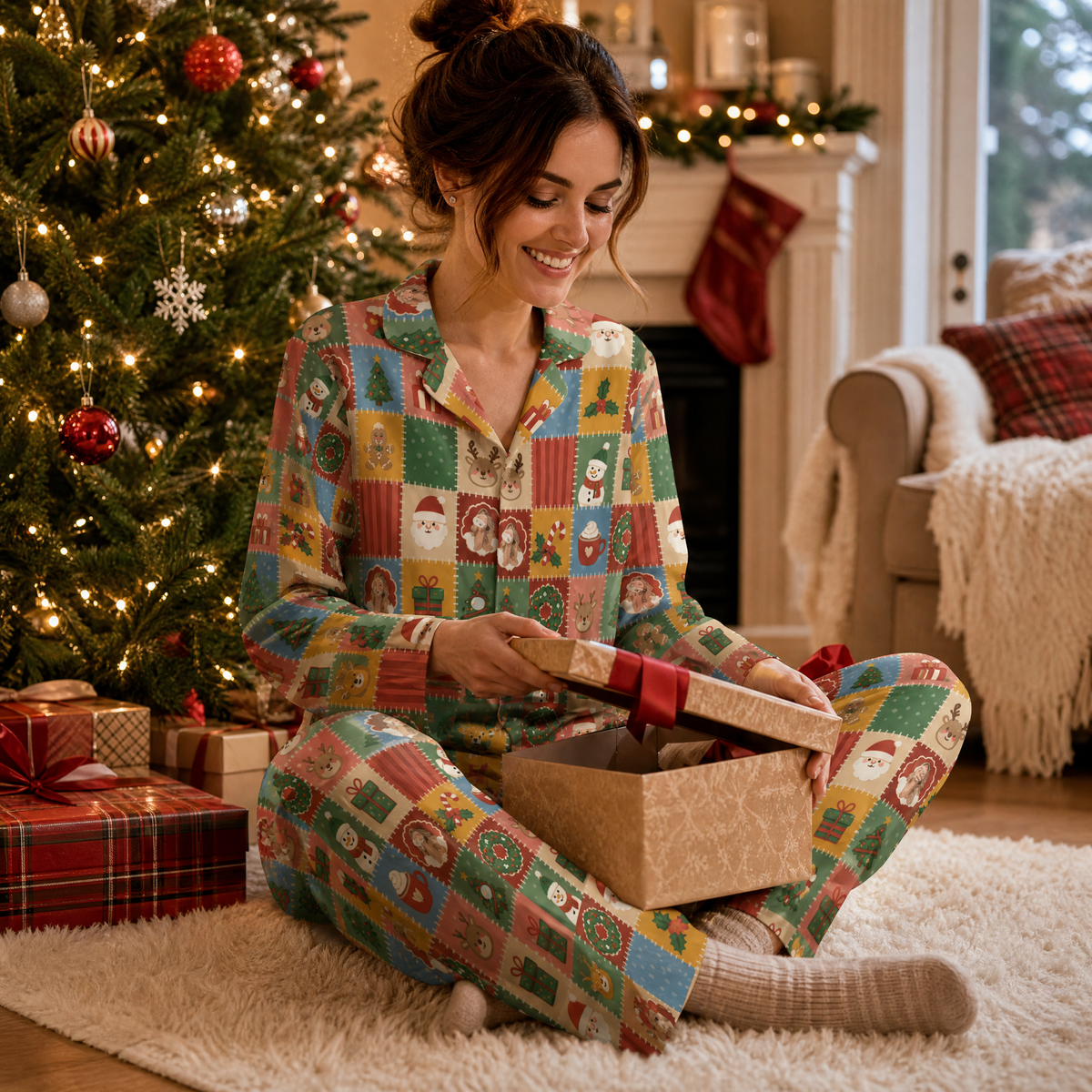 Custom face photo vintage quilt Santa snowman women pajamas view 7