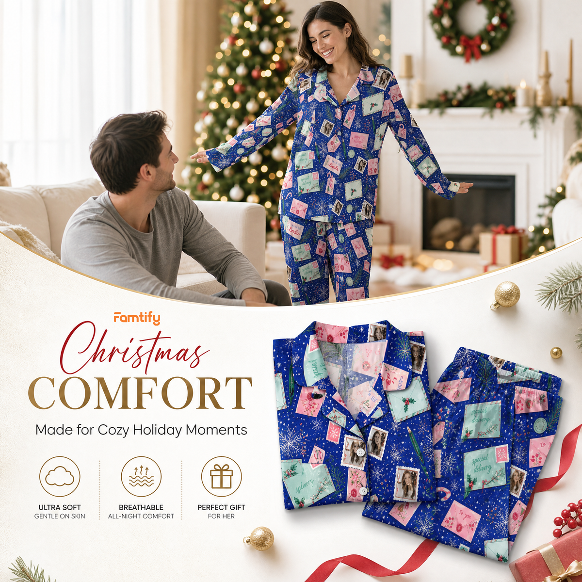 Custom face photo and name holiday letter stamp women pajamas view 3