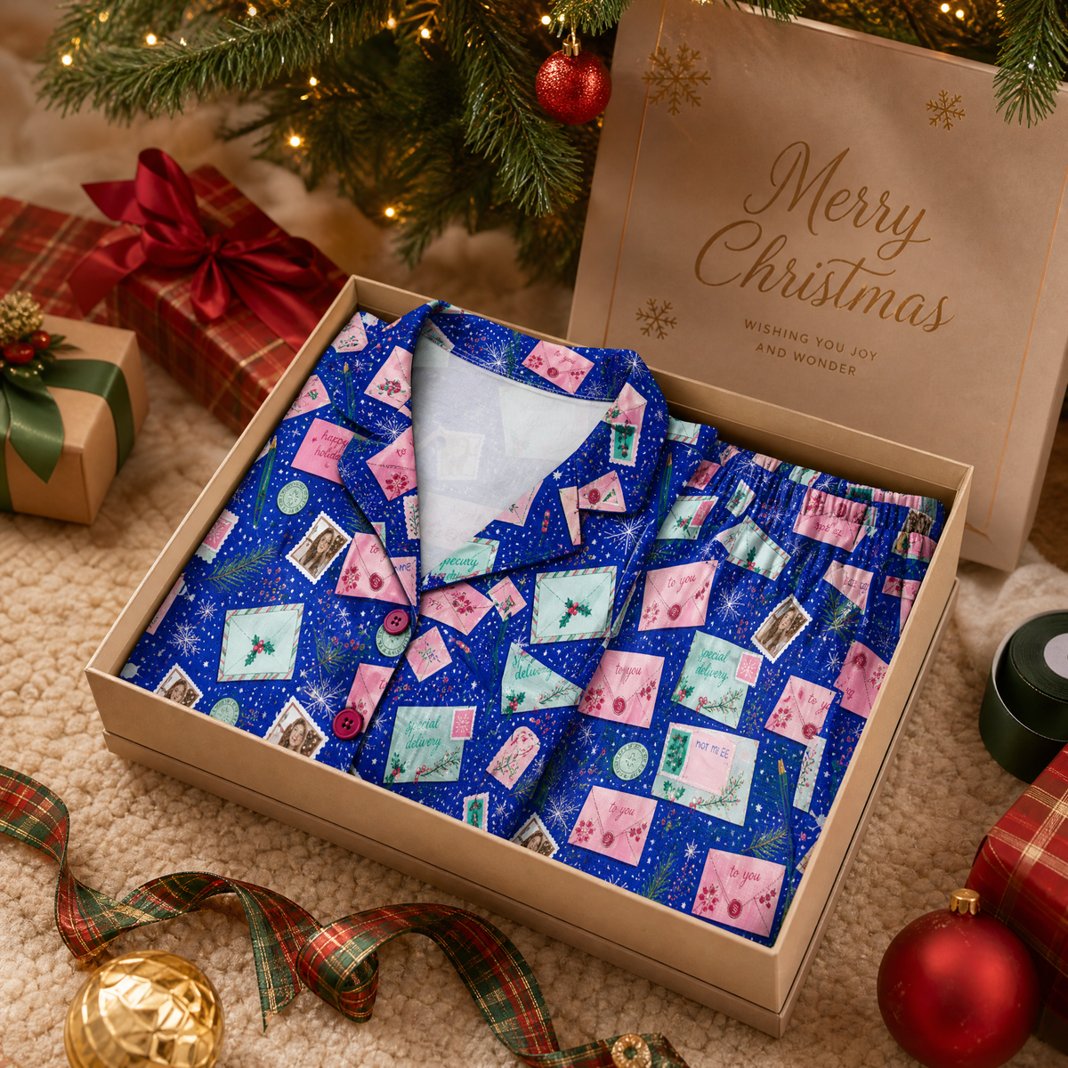 Custom face photo and name holiday letter stamp women pajamas view 4