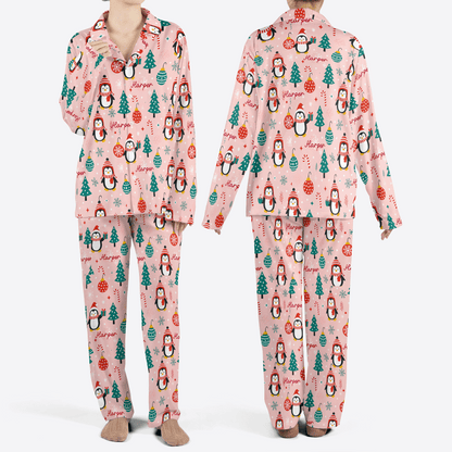 Custom name penguin snowflake tree women Christmas pajamas set, front and back