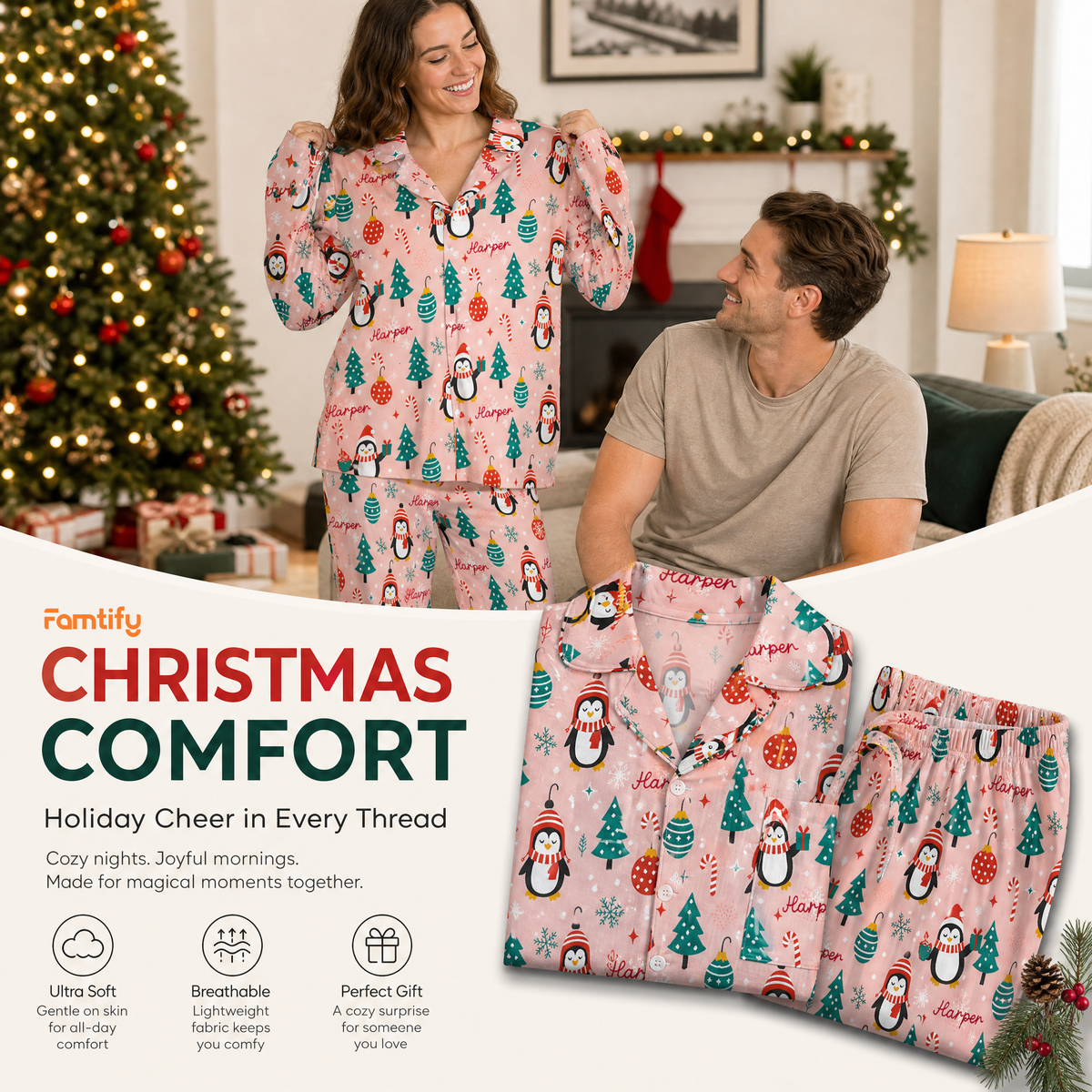 Custom name penguin snowflake tree women pajamas view 3