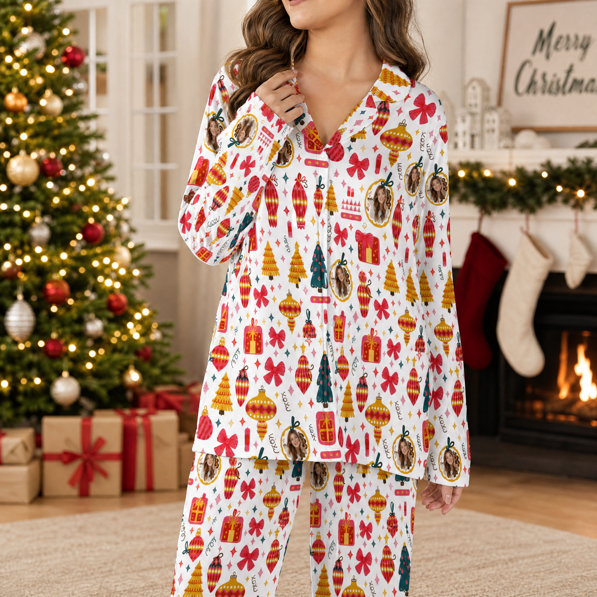 Woman wearing custom face photo ornament bow gift Christmas pajamas by the tree