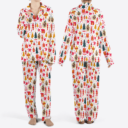 Custom face photo ornament bow gift women Christmas pajamas set, front and back