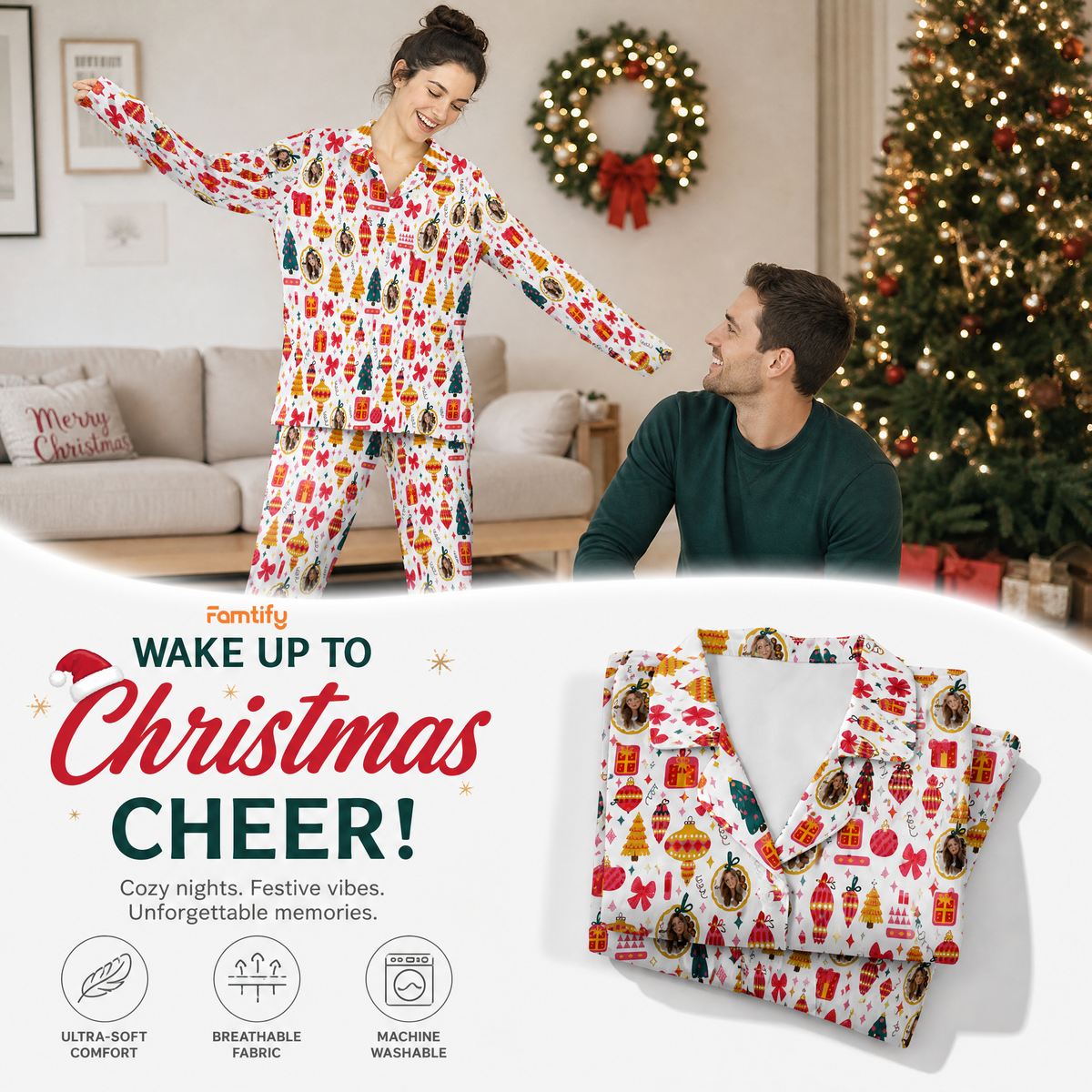Custom face photo ornament bow gift women pajamas view 3
