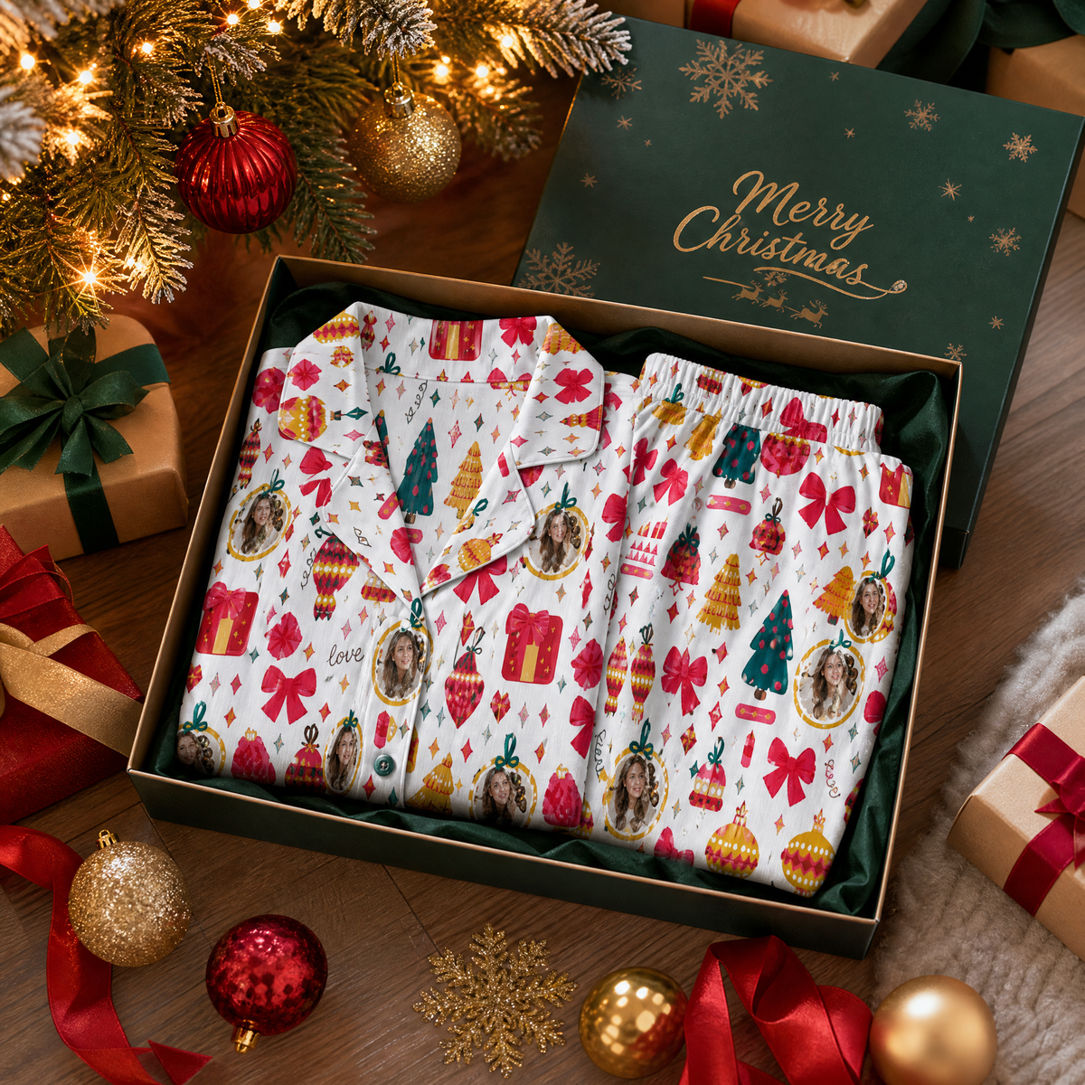 Custom face photo ornament bow gift women pajamas view 4