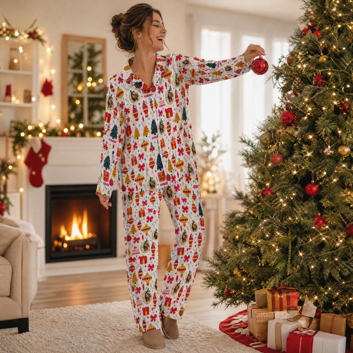 Custom face photo ornament bow gift women pajamas view 5