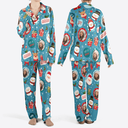 Custom face photo and name santa snowman let it snow women Christmas pajamas set, front and back