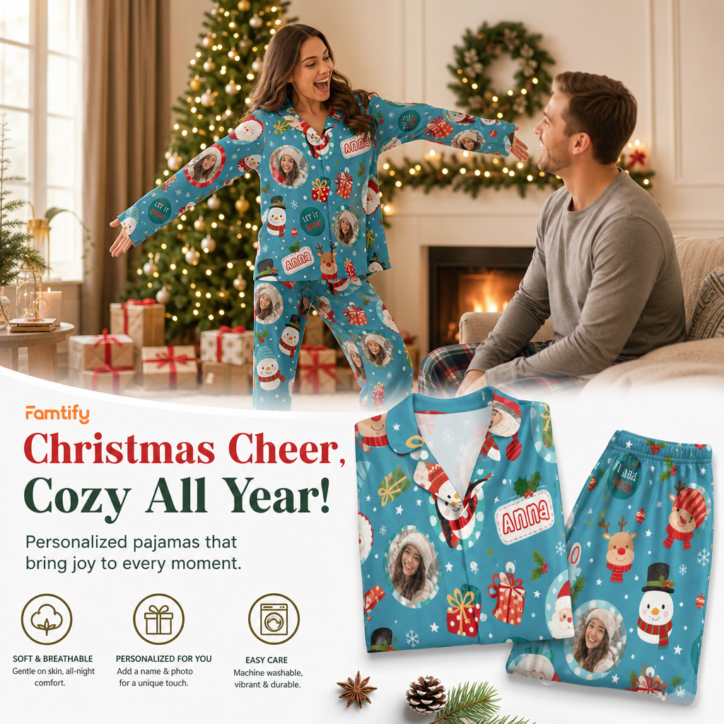 Custom face photo and name santa snowman let it snow women pajamas view 3