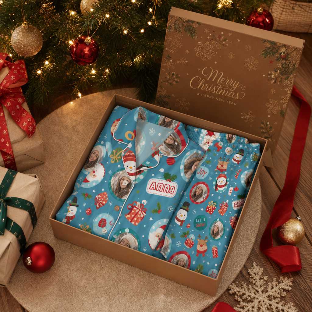 Custom face photo and name santa snowman let it snow women pajamas view 4