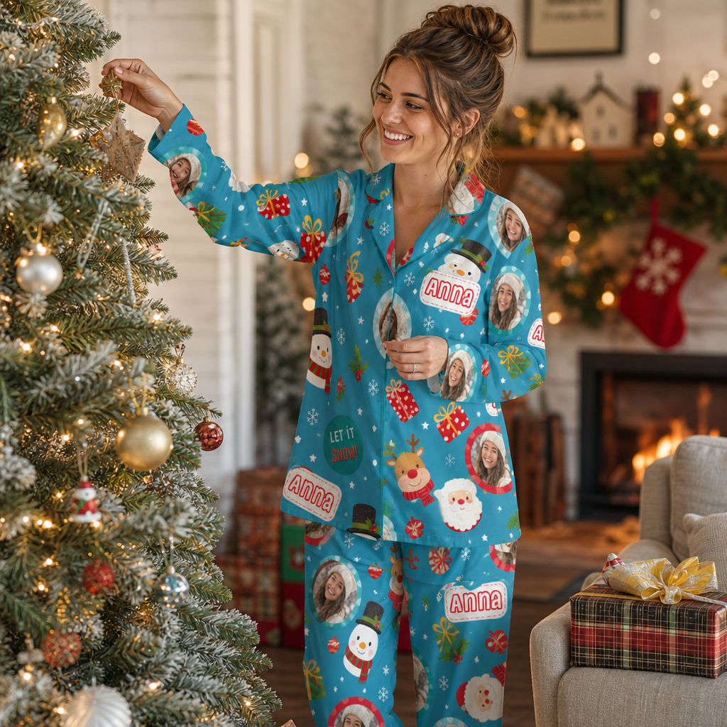 Custom face photo and name santa snowman let it snow women pajamas view 5