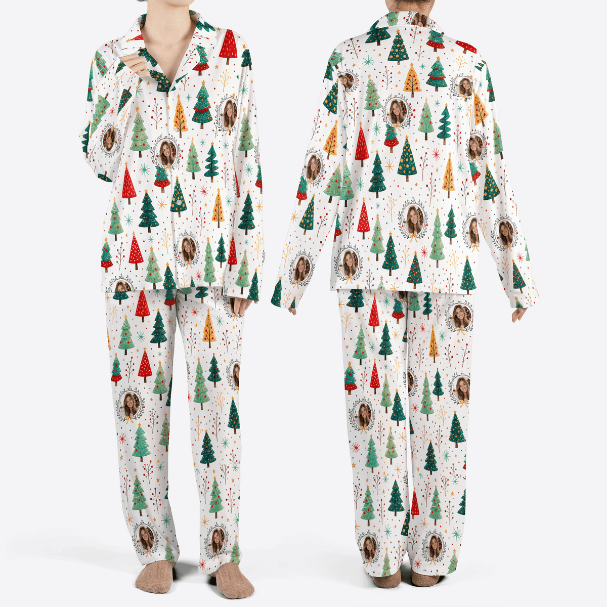 Custom face photo whimsical tree wreath women Christmas pajamas set, front and back
