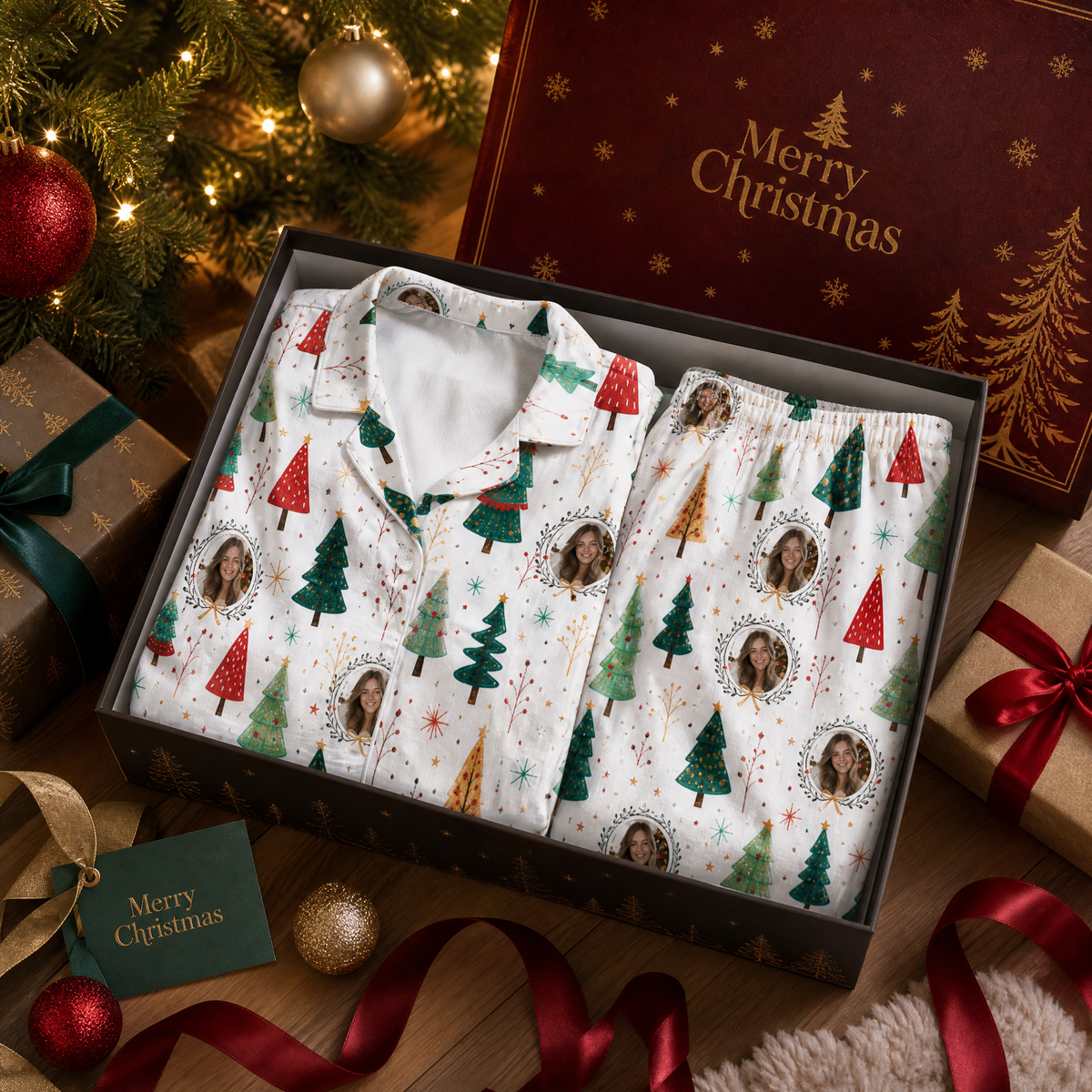 Custom face photo whimsical tree wreath women pajamas view 3