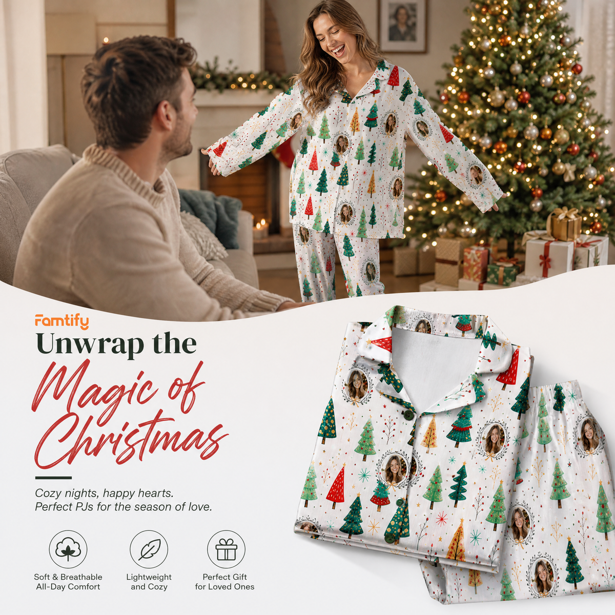 Custom face photo whimsical tree wreath women pajamas view 7