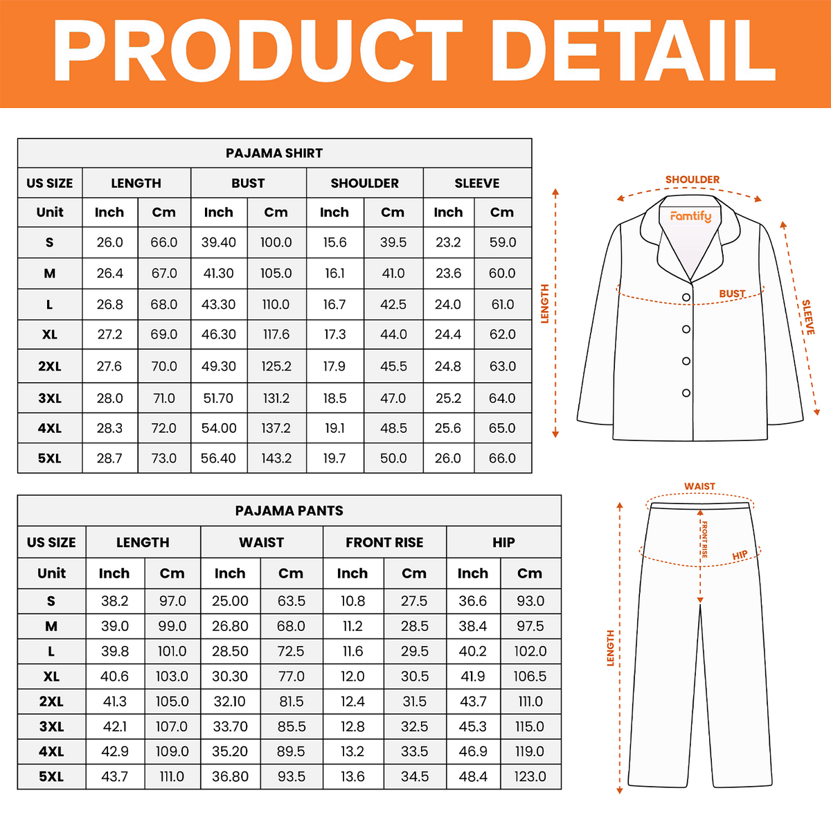 Women pajama set size chart from S to 5XL for shirt and pants
