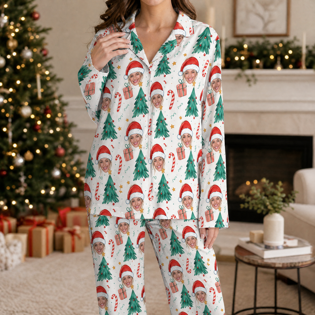 Woman wearing custom face photo Santa hat face tree Christmas pajamas by the tree