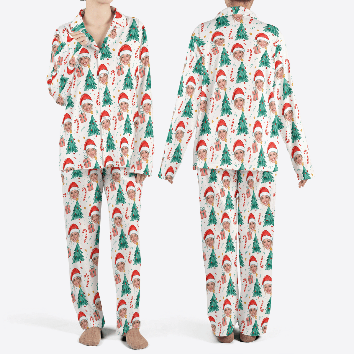 Custom face photo Santa hat face tree women Christmas pajamas set, front and back