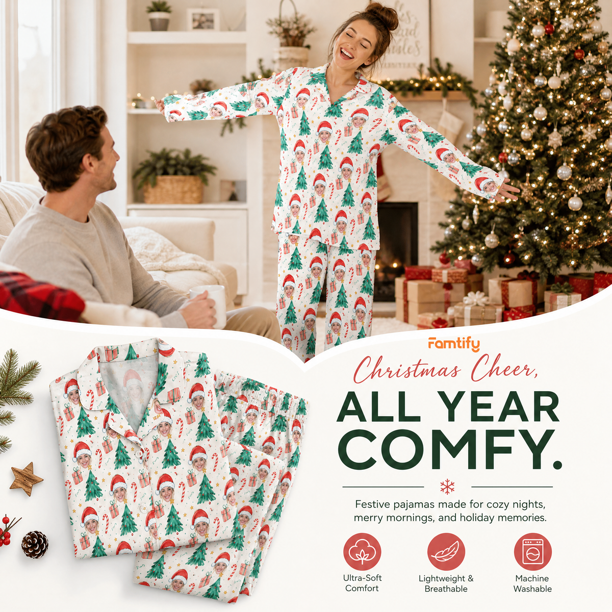Custom face photo Santa hat face tree women pajamas view 3
