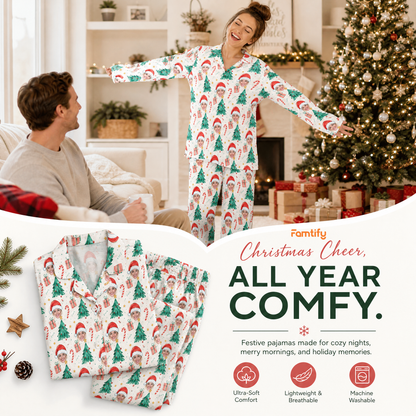 Custom face photo Santa hat face tree women pajamas view 3