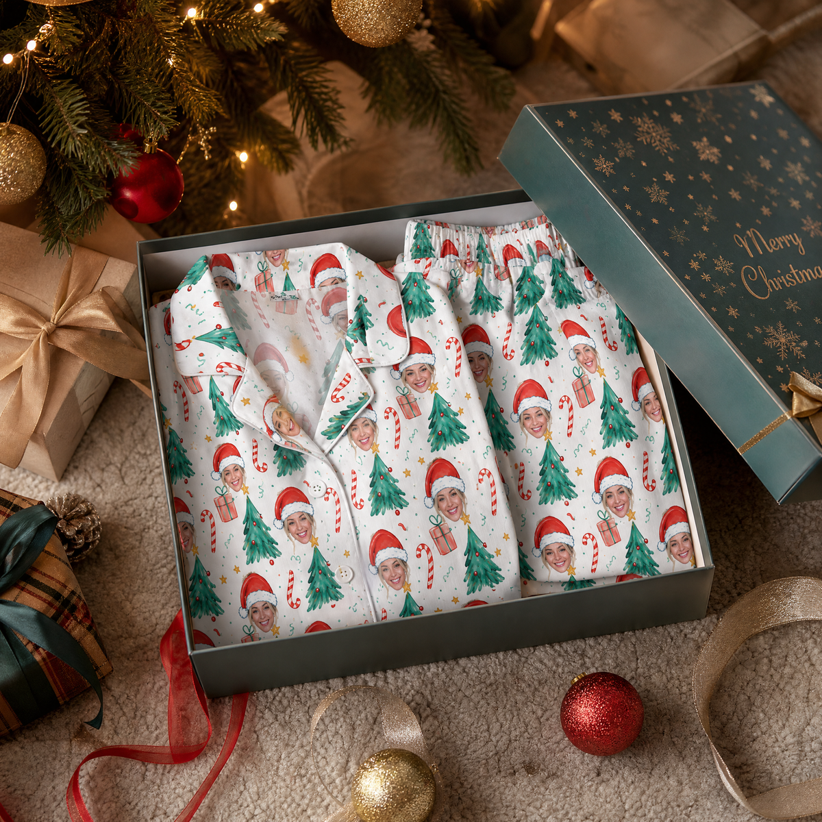Custom face photo Santa hat face tree women pajamas view 4
