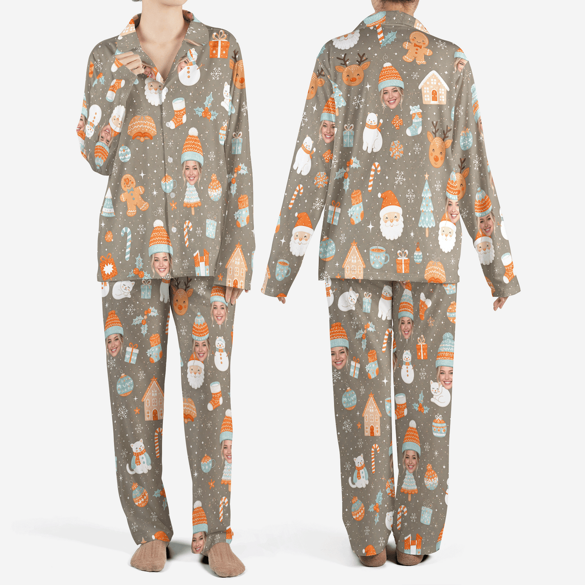 Custom face photo knit beanie face gingerbread women Christmas pajamas set, front and back