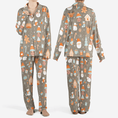 Custom face photo knit beanie face gingerbread women Christmas pajamas set, front and back