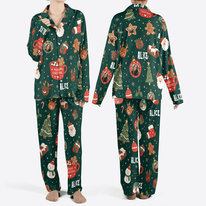Custom face photo and name cocoa reindeer gingerbread women Christmas pajamas set, front and back
